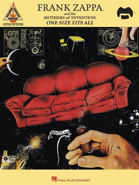 Text: "Frank Zappa and The Mothers of Invention. One Size Fits All." Illustration mit rotem Sofa im Weltraum.