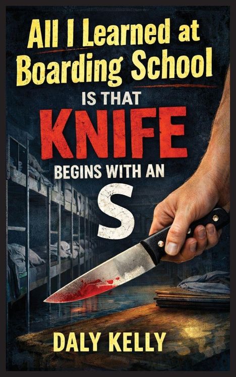 Text: "All I Learned at Boarding School Is That Knife Begins With an S" und "Daly Kelly". Ein blutiges Messer in der Hand.