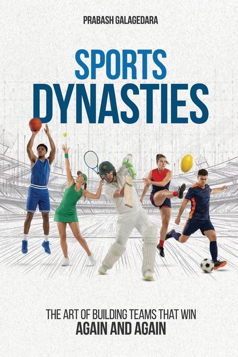 „SPORTS DYNASTIES“: Basketball-, Tennis-, Cricket- und Fußballspieler in Aktion, Stadionskizze im Hintergrund.