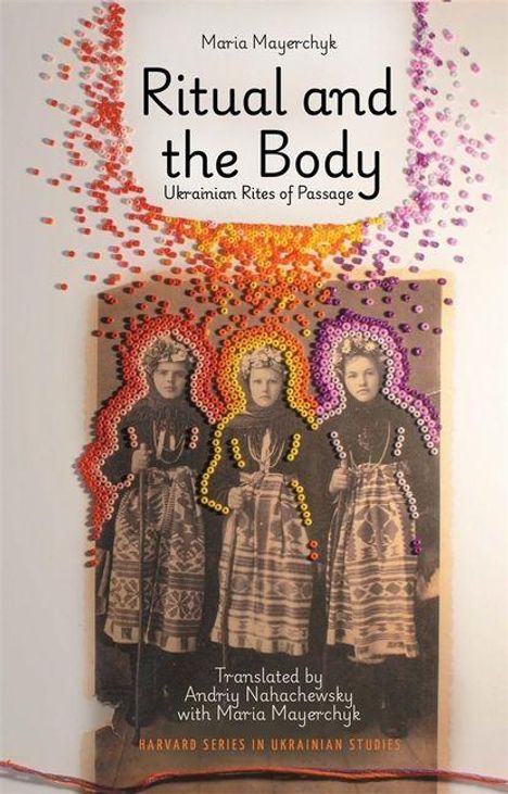 "Ritual and the Body: Ukrainian Rites of Passage." Drei Frauen in Tracht sind von bunten Punkten umrahmt.