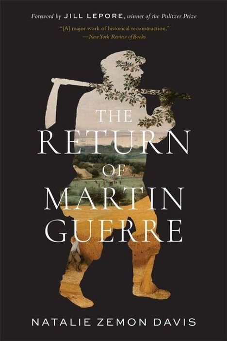 Text: "The Return of Martin Guerre" von Natalie Zemon Davis. Collage eines Bauern mit Landschaft im Hintergrund.