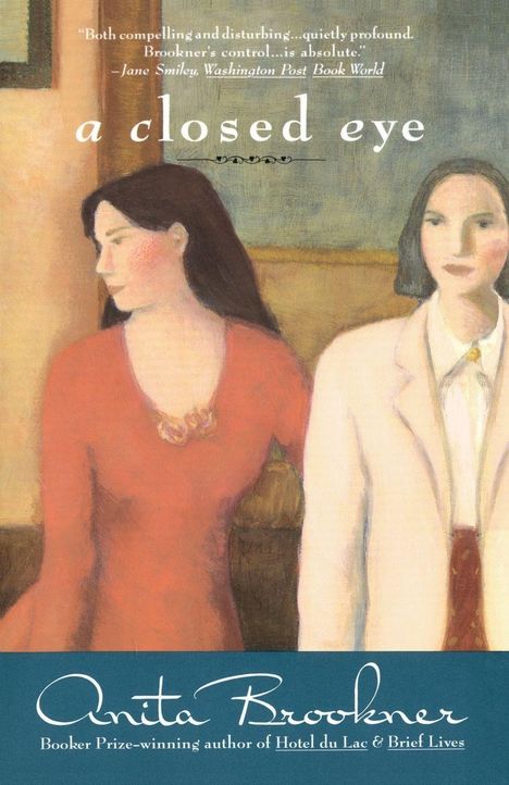 „a closed eye“, Zitat von Jane Smiley. Zwei Frauen in pastellfarbenem Gemälde, eine blickt zur Seite, die andere nach vorn.