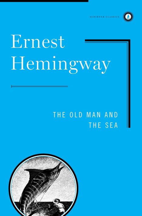 "Ernest Hemingway. The Old Man and The Sea." Blaues Cover mit kreisförmiger Illustration eines Fischers und Marlins.