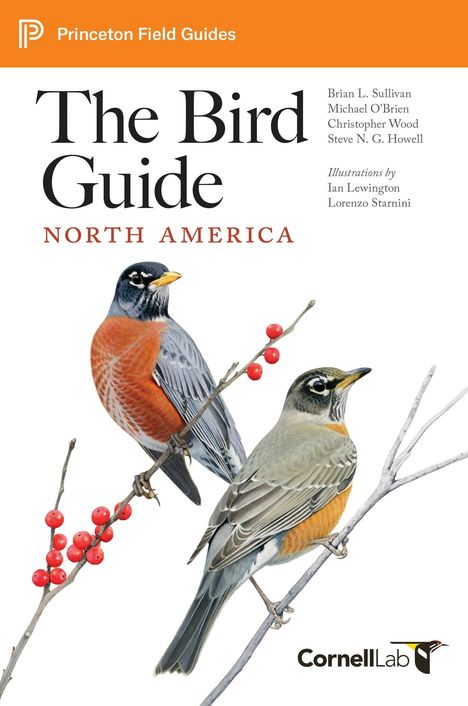 „The Bird Guide: North America“ steht neben Illustrationen von zwei Vögeln auf Zweigen mit roten Beeren.