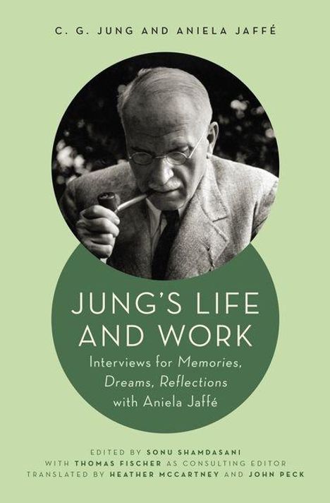 Text: "Jung's Life and Work: Interviews for Memories, Dreams, Reflections" von C. G. Jung und Aniela Jaffé. Bearbeitet von Sonu Shamdasani. Darunter ein Schwarz-Weiß-Foto eines Mannes.
