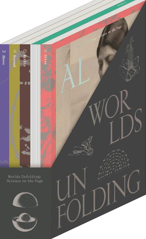 Verschiedene Buchrücken mit Texten: "Above," "Beyond," "Within," "Alive." Groß: "Worlds Unfolding: Science on the Page". Illustrationen von öffnenden Formen.