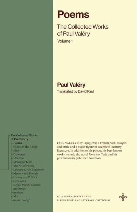Text: "Poems: The Collected Works of Paul Valéry, Volume 1. Paul Valéry, Translated by David Paul." Links Inhaltsübersicht.