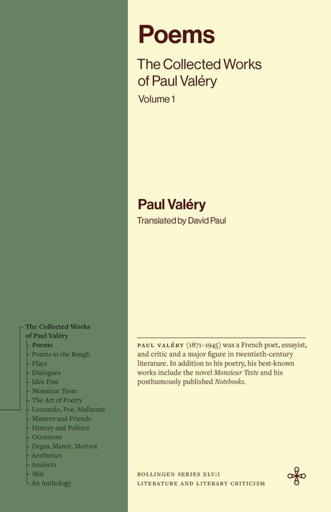 "Poems: The Collected Works of Paul Valéry, Volume 1" Übersetzung von David Paul, mit Inhaltsliste und Biografie.
