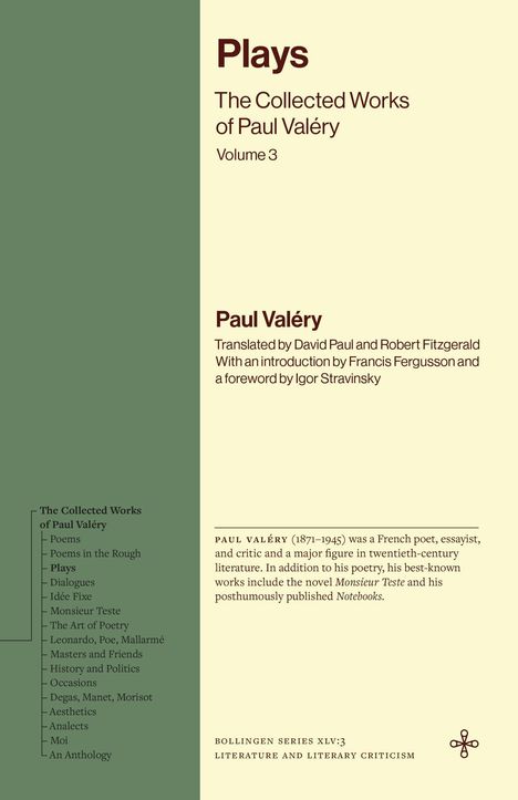 „Plays: The Collected Works of Paul Valéry, Volume 3“ Titel, Autoren, Werkübersicht und Infos über Valéry auf beigem Hintergrund.