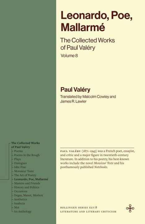 "Leonardo, Poe, Mallarmé. The Collected Works of Paul Valéry Volume 8." Grün-beiges Cover mit Autorenbeschreibung.