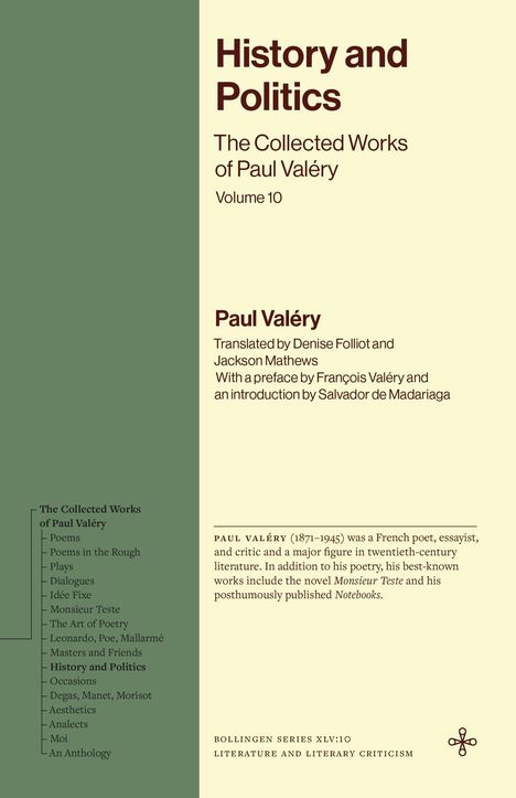 "History and Politics: The Collected Works of Paul Valéry, Volume 10" auf beigem Hintergrund, linke Seite grün.