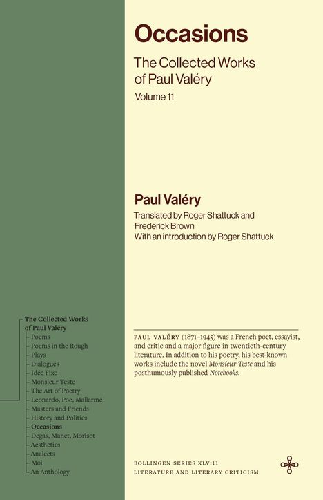 "Occasions: The Collected Works of Paul Valéry, Volume 11", Übersetzer: Roger Shattuck, Frederick Brown. Text links, beige-grüner Hintergrund.
