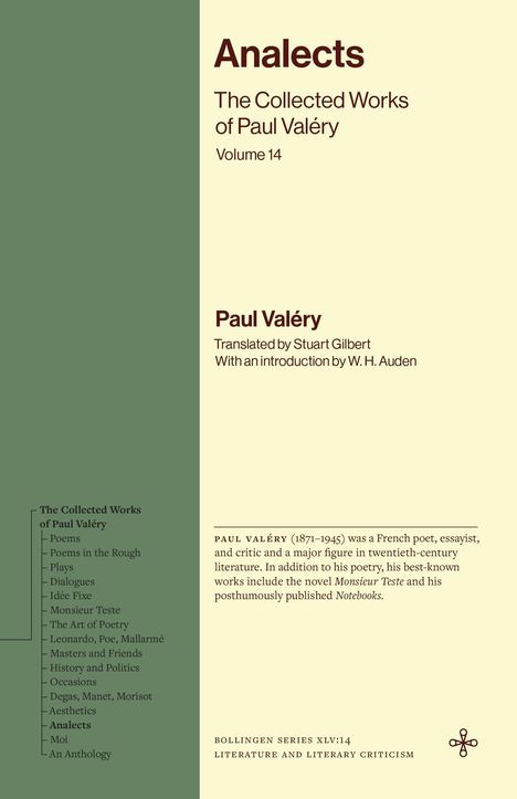 Text: "Analects: The Collected Works of Paul Valéry, Volume 14." Beige Hintergrund, grüne linke Seite mit weiteren Werktiteln.