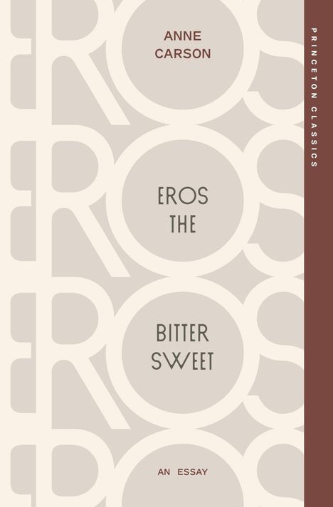 Text: "Anne Carson, Eros the Bittersweet, An Essay, Princeton Classics". Beige Design mit großem "EROS" Muster.
