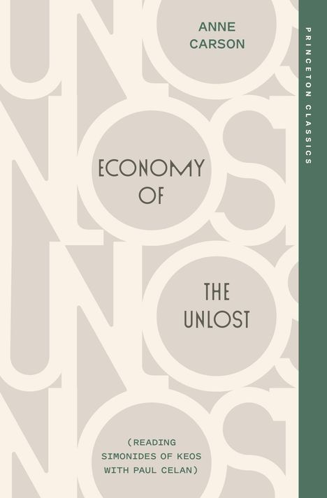 "Economy of the Unlost" von Anne Carson; stilisiertes Cover mit wiederholten Buchstaben, Grüntöne.