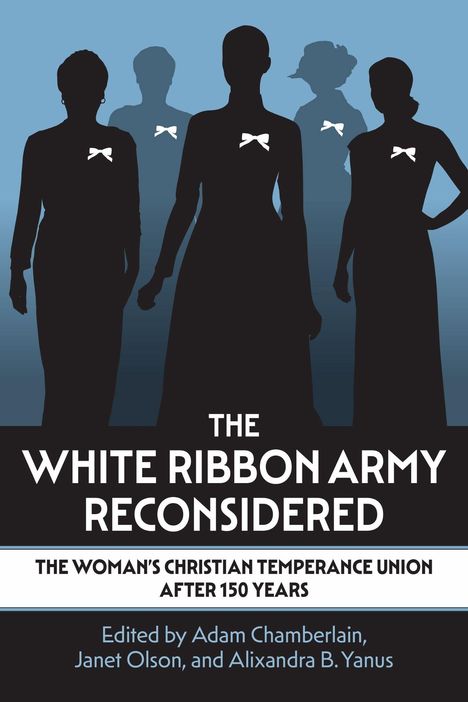 Schattenhafte Frauen mit weißen Schleifen, Titel: "The White Ribbon Army Reconsidered", blaue Hintergrundfarbe.