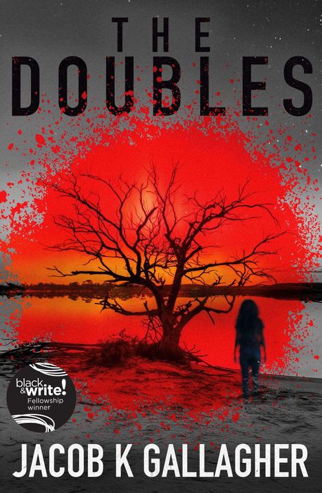 "The Doubles", "black&write! Fellowship winner", "Jacob K Gallagher". Baum vor sonnenuntergangsrotem Himmel. Silhouette einer Person.
