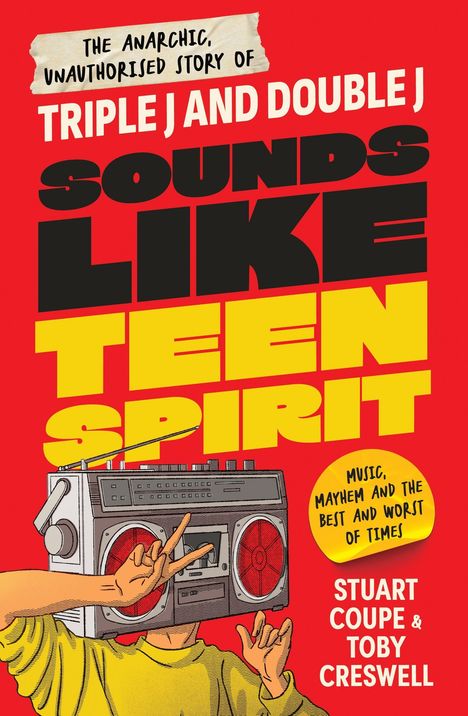 Buchtitel: "Sounds Like Teen Spirit", Illustration: Mensch mit Radio als Kopf, Victory-Zeichen, roter Hintergrund.