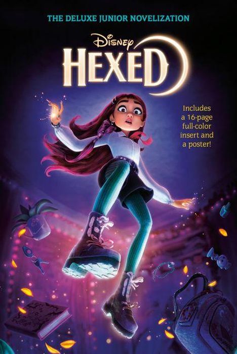 Text: "The Deluxe Junior Novelization" und "Includes a 16-page full-color insert and a poster!" Illustration eines Mädchens, das durch Magie schwebt.
