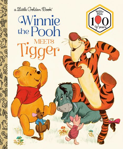 „Winnie the Pooh MEETS Tigger“. Illustration mit Figuren: Winnie Puuh, Tigger, I-Aah, Ferkel und Ruh auf einer Wiese.