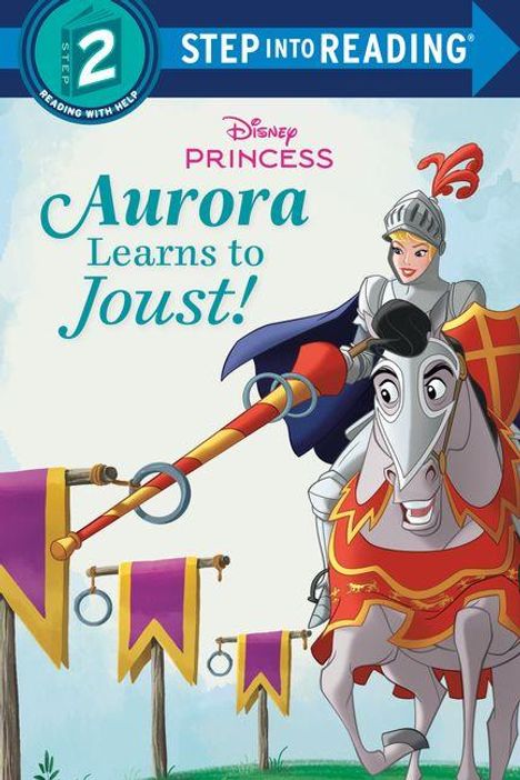 "Aurora Learns to Joust!" Disney-Prinzessin Aurora in Ritterrüstung reitet auf einem Pferd mit einer Lanze.