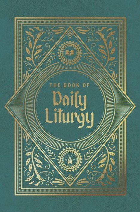 „The Book of Daily Liturgy“. Dekoratives goldenes Muster auf grünem Hintergrund, ähnlich einer edlen Bucheinbandgestaltung.