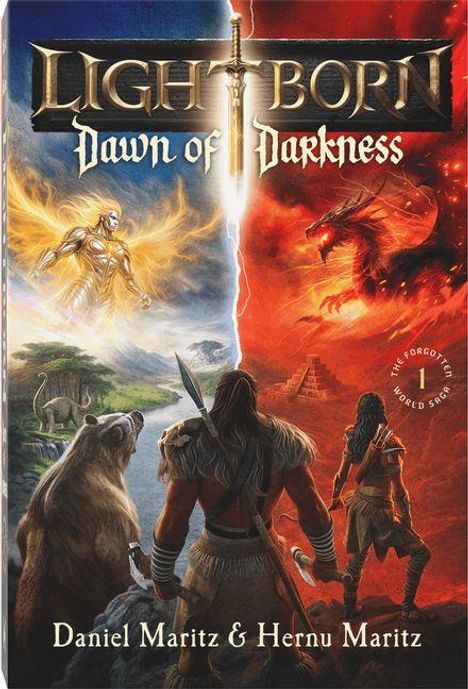 "Lightborn: Dawn of Darkness" oben, "Daniel Maritz & Hernu Maritz" unten. Zwei Krieger, ein Bär, ein Drache, nebeln in Blau und Rot.