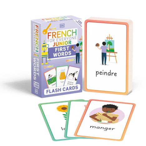 Box mit Karten: "French for Everyone Junior: First Words." Wörter: peindre, le robot, la clé, le jus, grand(e), manger, la fleur.