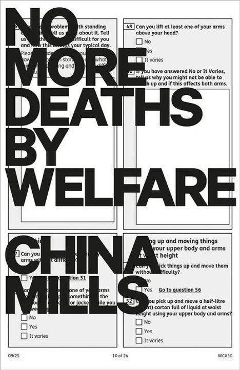 „NO MORE DEATHS BY WELFARE CHINA MILLS.“ Hinter Text ein Formular über körperliche Fähigkeiten.