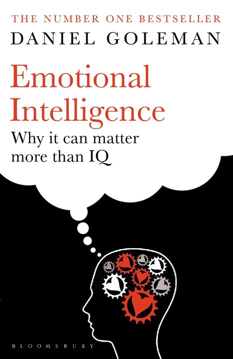 „The Number One Bestseller“, „Daniel Goleman“, „Emotional Intelligence: Why it can matter more than IQ“. Silhouette mit Zahnrädern.