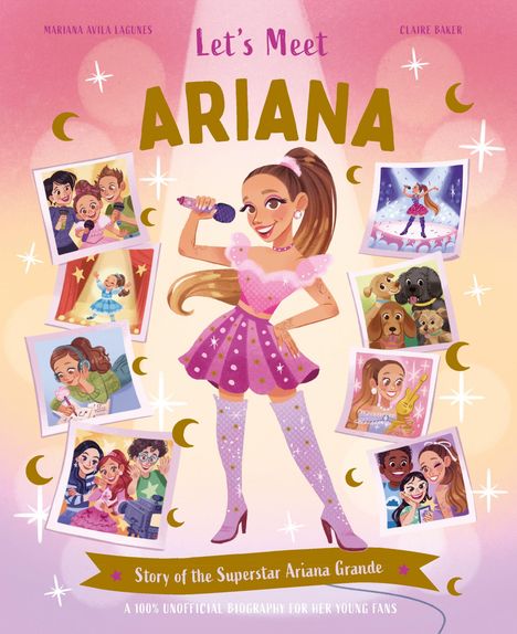 „Let's Meet Ariana“ und „Story of the Superstar Ariana Grande“. Eine Illustration zeigt eine Sängerin mit Mikrofon.