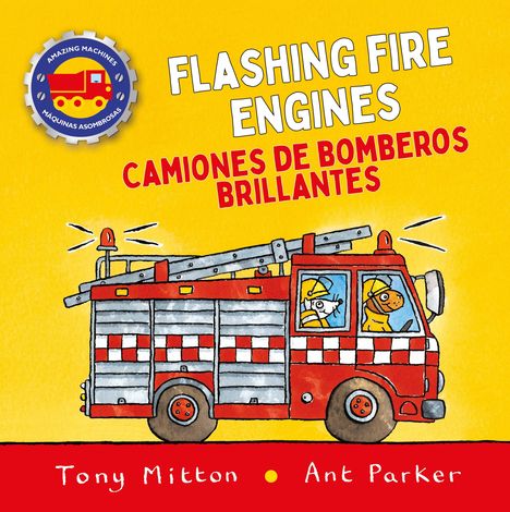 Text: "FLASHING FIRE ENGINES. CAMIONES DE BOMBEROS BRILLANTES." Illustration eines Feuerwehrautos mit Tieren.
