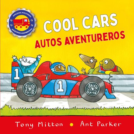 "COOL CARS AUTOS AVENTUREROS" in Weiß und Rot auf Gelb. Illustration eines Rennautos mit fröhlichen Tieren als Fahrer.