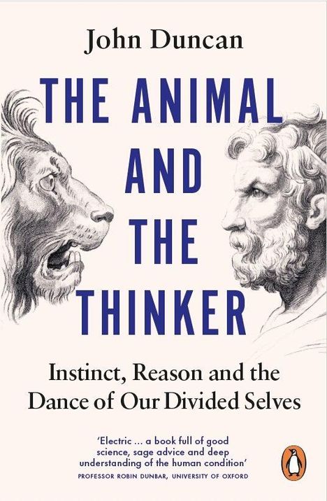 „THE ANIMAL AND THE THINKER“ von John Duncan. Ein Löwe und ein weiser Mann schauen sich an.