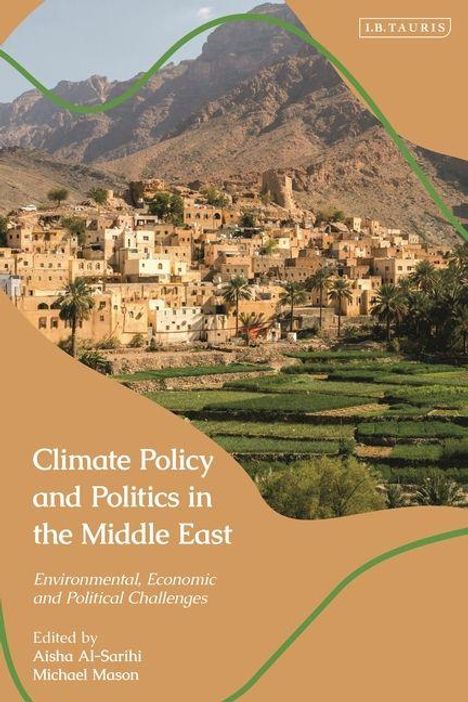 "Climate Policy and Politics in the Middle East" steht vor einem Bergdorf auf einem grünen Hang.