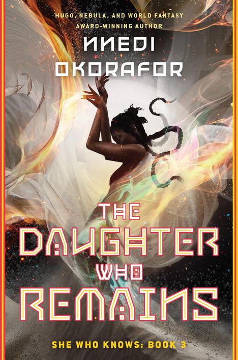 Buchtitel: "The Daughter Who Remains." Darstellerin im Profil mit erhobenen Armen vor einem bunten, wirbelnden Hintergrund.
