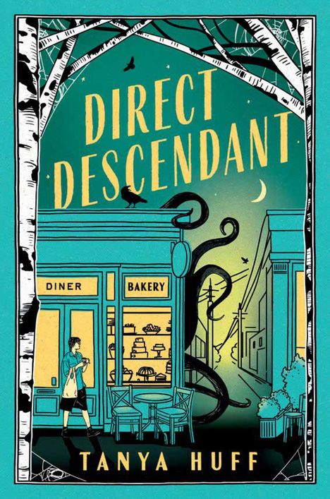 "Direct Descendant" und "Tanya Huff" stehen im Vordergrund. Illustration eines Cafés mit einer großen Krake im Hintergrund.