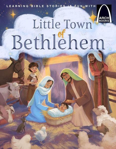 Ein Gemälde mit der Inschrift: "Little Town of Bethlehem." Es zeigt eine Krippenszene mit Maria, Josef, dem Jesuskind und Tieren.