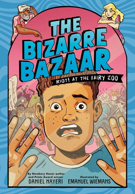 "The Bizarre Bazaar: Riot! at the Fairy Zoo" steht oben in großen Buchstaben. Eine Illustration zeigt eine erschrockene Person.