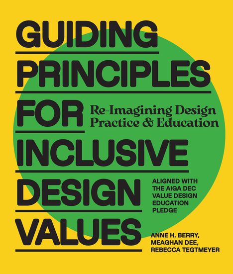 GUIDING PRINCIPLES FOR INCLUSIVE DESIGN VALUES. Re-Imagining Design Practice & Education. Gelber Hintergrund, grüner Kreis.