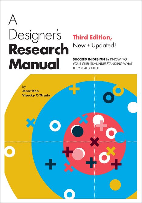 Titel: "A Designer's Research Manual". Farbige Kreise und X/O Symbole in gelb, blau, rot.