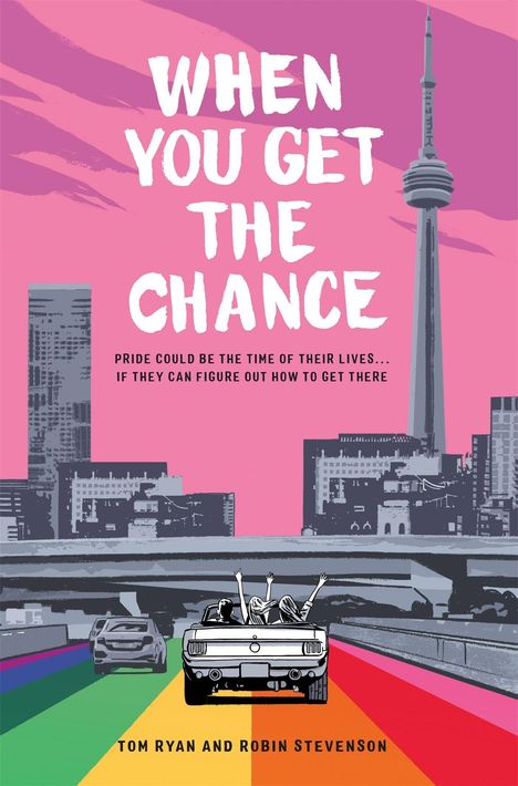 "When You Get the Chance" in großen Buchstaben, Autofahrt auf Regenbogenstraße, Skyline und Turm im Hintergrund.