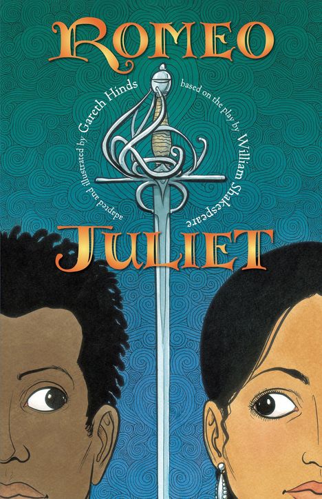 "Romeo und Juliet" in orangener Schrift, Schwert in der Mitte, zwei Gesichter je links und rechts im Vordergrund, Illustration.