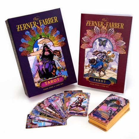 „The Zerner-Farber Tarot“, Guide Book & Card Set, farbenfrohe Illustrationen, Kartenfächer mit reichem Detailreichtum.