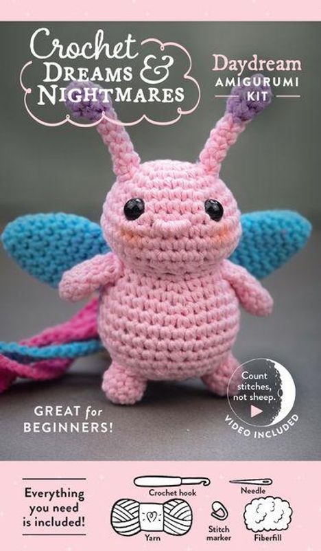 "Crochet Dreams & Nightmares. Daydream Amigurumi Kit. GREAT FOR BEGINNERS! Häkelfigur: rosa mit blauen Flügeln."
