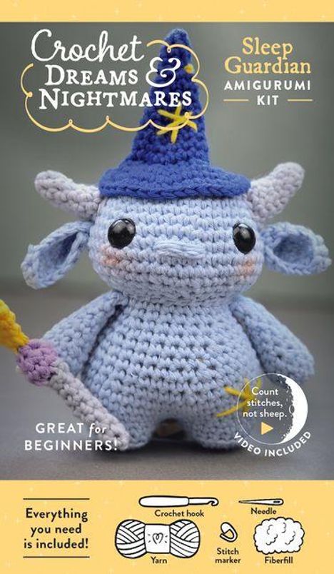"Crochet Dreams & Nightmares: Sleep Guardian Amigurumi Kit. Great for beginners! Video included."  
Kleines gehäkeltes Wesen mit Hut.