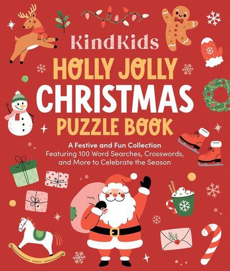 "KindKids HOLLY JOLLY CHRISTMAS PUZZLE BOOK. Weihnachtsmotive: Rentier, Lebkuchenmann, Schneemann, Geschenke, Santa."
