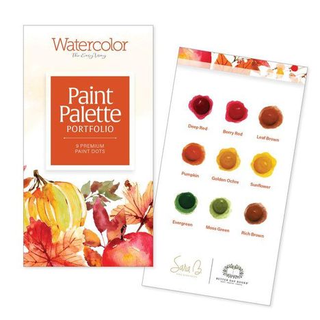 "Paint Palette PORTFOLIO, 9 Premium Paint Dots: Deep Red, Berry Red, Leaf Brown, Pumpkin, Golden Ochre, Sunflower, Evergreen, Moss Green, Rich Brown." Zwei Packungen mit Herbstmotiven.