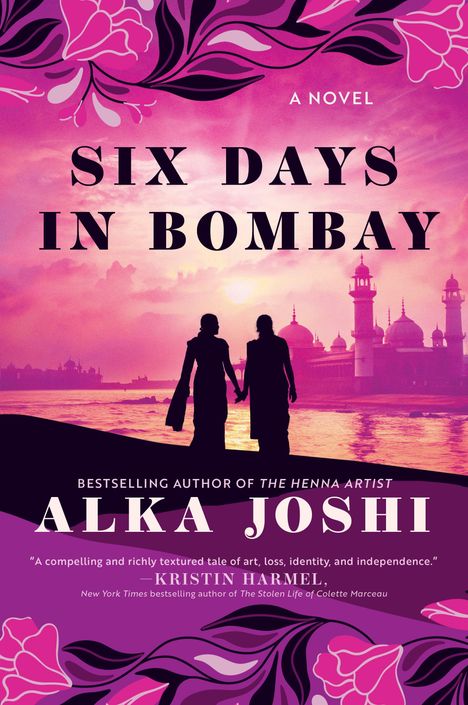 „Six Days in Bombay“, oben. Eine Silhouette von zwei Menschen vor einer farbenfrohen, rosa-violetten Skyline.