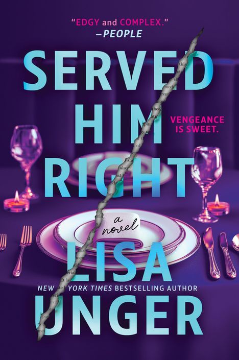"EDGY and COMPLEX." -PEOPLE. "VENGEANCE IS SWEET." Ein eleganter gedeckter Tisch mit lila Hintergrund.